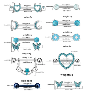 Schema tecnico di vari piercing per capezzoli con cuore e farfalla blu con misure dettagliate