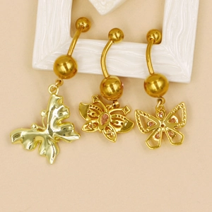Lot de trois piercings de nombril papillon dorés avec incrustations de strass roses et polis