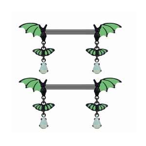 Macro detail of gothic nipple rings with green bat wings and water-drop crystal charms