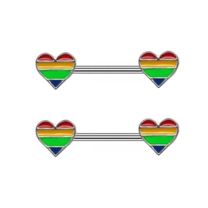 Detailed macro view of barbell nipple rings with colorful rainbow enamel heart charms