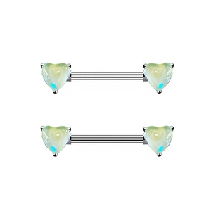 Detail of silver nipple bars with iridescent green heart charms and stainless steel rods