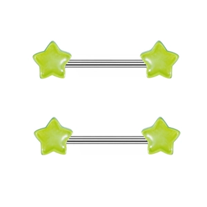 Macro view of green star acrylic nipple rings set with stainless steel piercing bars