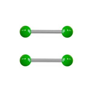 Detail of two green acrylic ball stainless steel straight barbells for nipple or tongue piercing