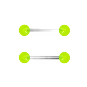 Macro detail of acrylic clover nipple rings with fluorescent green translucent spheres