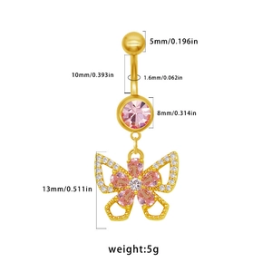 Piercing nombril doré avec fleur en pierre rose et pendentif papillon cristal