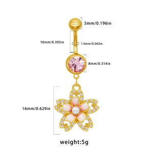 Vue détaillée du piercing de nombril fleur de cerisier rose avec spécifications de taille