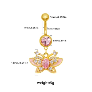 Dimensions détaillées du piercing de nombril papillon doré avec cristaux roses