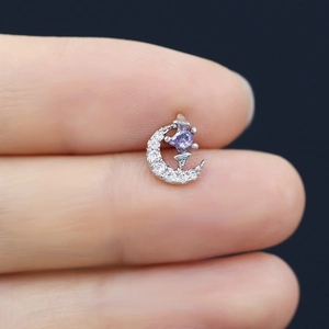 Sweet crescent moon stud earring with purple zircon teardrop and micro-set crystals
