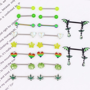 Set of 16 green series acrylic nipple rings and stainless steel piercings in various styles