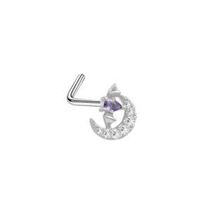 Gothic moon and bat L-shaped nose stud with purple pear gem and white zircons
