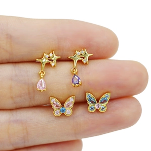 Pink and purple butterfly star drop earrings set with shiny multi-color zircon stones