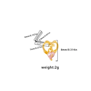 L-shaped gold nose stud featuring a pink heart zircon pendant with specific size measurements