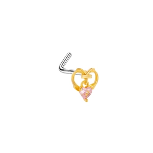 L-shaped gold nose stud featuring a hollow heart frame with a pink zircon dangling pendant