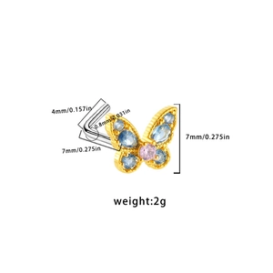 Detailed diagram of gold butterfly nose stud with blue teardrop and pink round gems