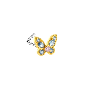 Detailed view of butterfly nose stud with blue rhinestones and pink center gem on L-bar