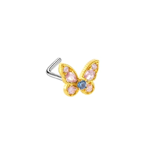 Detail of L-shaped butterfly nose stud with pink zircon wings and golden metal plating