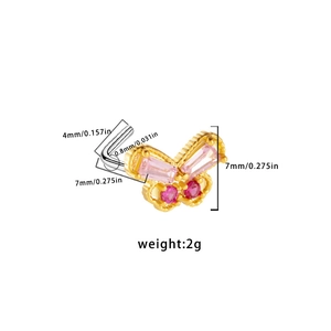 Detailed view of golden butterfly nose stud with pink zircon and 0.8mm L-shaped post dimensions