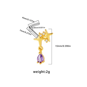L-shaped gold nose stud with star motifs, cubic zirconia, and purple teardrop charm