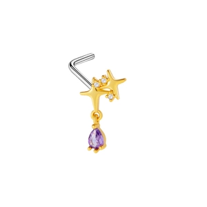 Close-up of L-shaped nose stud with gold stars and hanging purple teardrop zircon