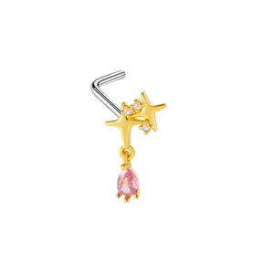 Golden L-shaped nose stud featuring double stars with white crystals and pink drop charm