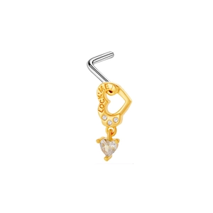 Close-up of L-shaped nose stud with heart-shaped Lock Me design and zircon stone dangle