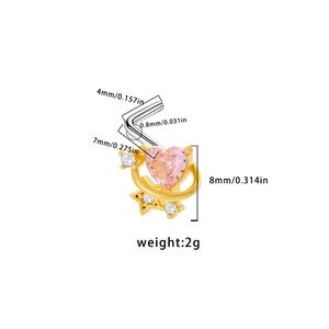Detailed size chart for heart shaped nose stud with pink zircon and gold plating