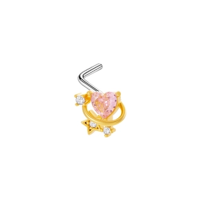 Detail view of L-shaped nose stud with pink heart zircon and golden star pendant