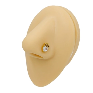 Dettaglio di un piercing al naso dorato con corona e cristallo a forma di cuore su modello