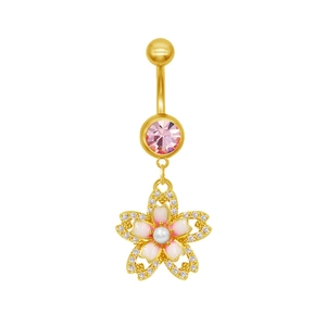 Piercing de nombril fleur de cerisier doré avec gemme rose et pendentif perle