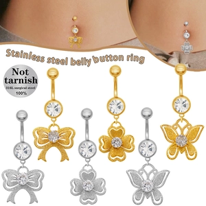 316L Edelstahl Bauchnabelpiercing Für Damen Schmetterling Schleife Vierblättriges Kleeblatt Zirkonia Körperschmuck Gold Silber