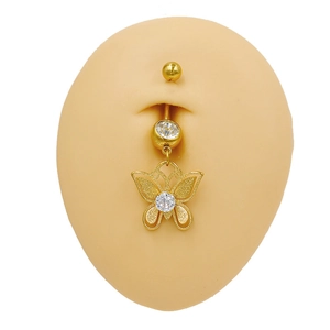 Goldener Schmetterling Bauchnabelpiercing mit weißen Zirkonia auf Bauch-Modell