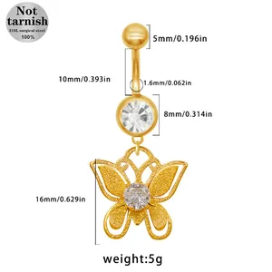 Größentabelle für den Bauchnabelpiercing aus 316L Chirurgenstahl mit goldenem Schmetterling