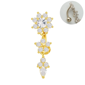 Gedetailleerd beeld van gouden navelpiercing met bloemen en zirkonia druppelhanger
