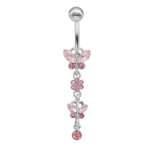 Navelpiercing van chirurgisch staal met roze zirkoon vlinder en bloem hanger