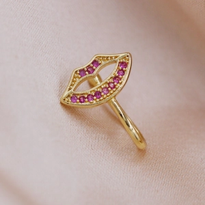Anello da naso a forma di labbra dorate con zircone viola per naso non forato