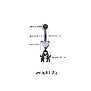 Black heart zircon bat spider belly button ring with detailed size measurements