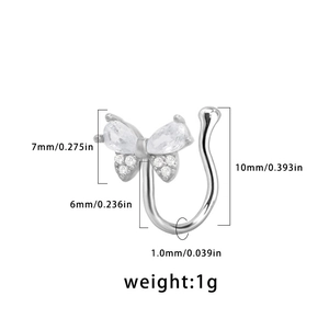 Clip per naso a farfalla argento senza piercing con zirconi bianchi altezza 10mm