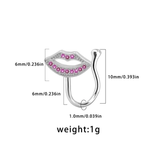 Anello per labbra in argento a forma di U non perforato con zircone rosa farfalla