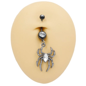 Detailed view of Gothic spider belly button ring with crystals on a navel model