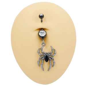 Macro shot of a gunmetal spider belly ring featuring black and clear zircon stones