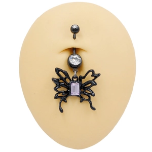 Gothic black butterfly belly button ring with pink gem on skin model for piercing jewelry