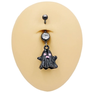 Detail of black ghost navel ring with pink enamel face on silicone belly model