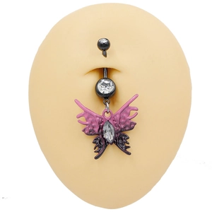 Macro shot of black steel belly ring with pink butterfly pendant on silicone model