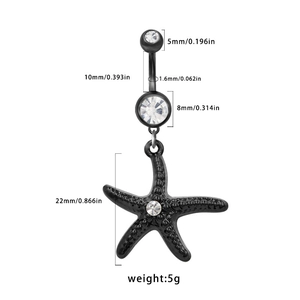 Detailed size specifications for the black starfish belly button ring with clear rhinestones