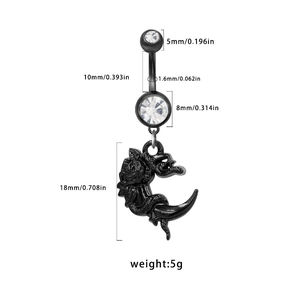 Macro detail of black spider ghost belly ring with rose pendant and dimensions