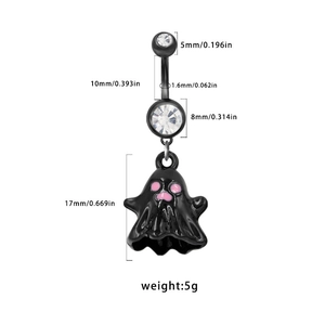 Halloween black ghost belly button ring with pink eyes and sparkling clear crystals