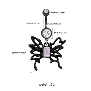 Macro shot of butterfly belly ring with purple gemstone and size specifications