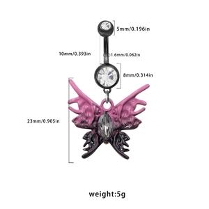 Surgical steel belly button ring with purple butterfly pendant and crystal accents