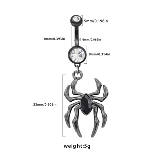 Detailed dimensions of black spider belly button ring with dark stone and white zircon