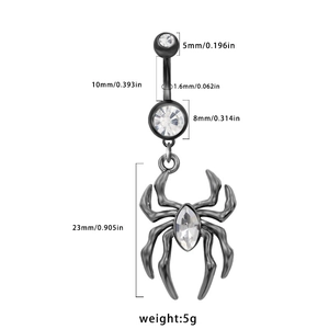 Detailed size specifications for a black spider navel ring with cubic zirconia stones